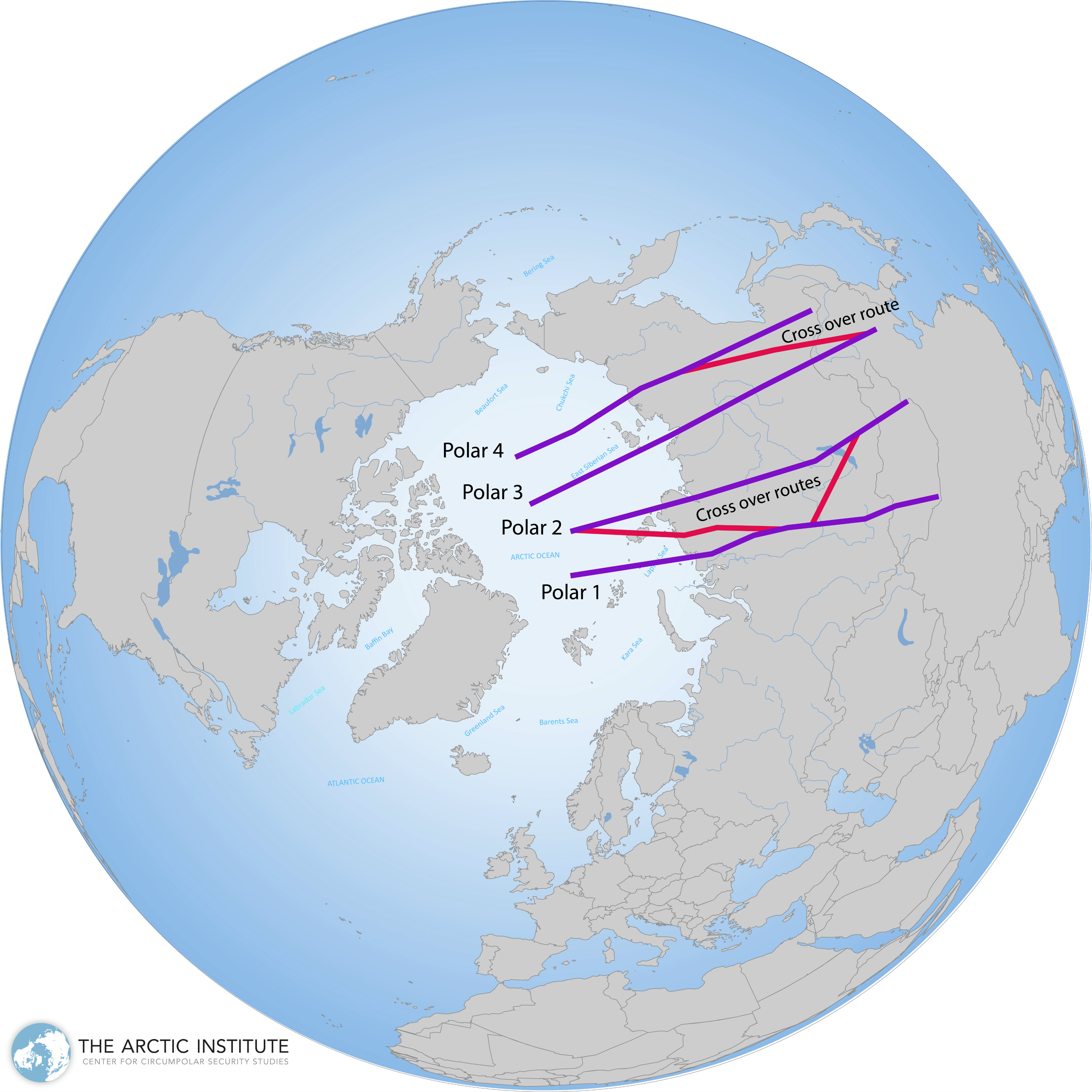Four Polar Routes cross the Arctic into Russian airspace providing shortcuts between North America and Asia. (Source: The Arctic Institute/Based on information from Boeing)