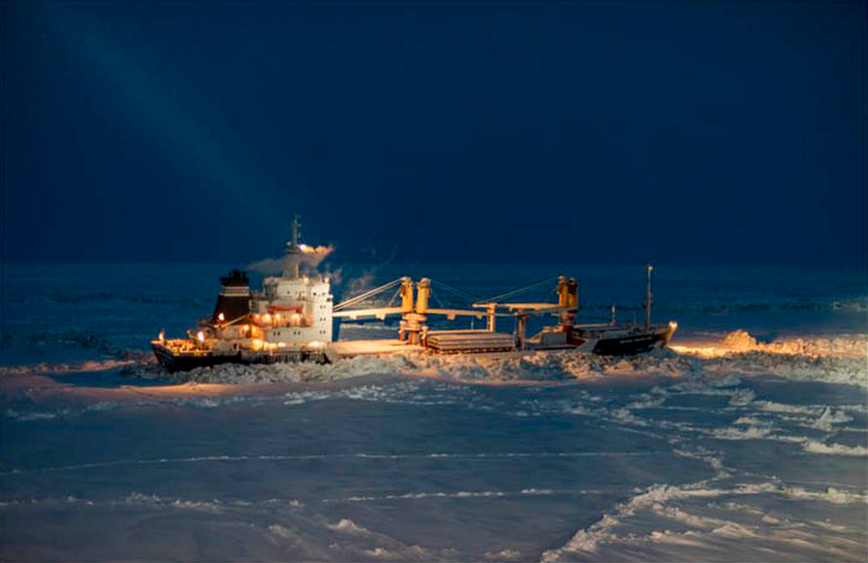 Johann Mahmastal stuck in thick first-year ice 24nm north of Pevek. (Photo: Courtesy of The Siberian Times)