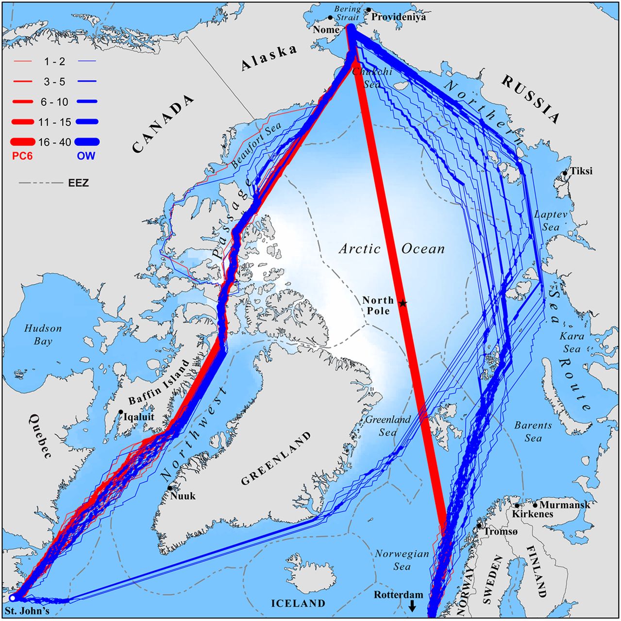 Potential sea routes for September 2040-2059 for sea traffic without ice classification (OW in blue) and with ice classification (PC6 in red). Reference: Smith, L. C., and S. R. Stephenson (2013), New trans- Arctic shipping routes navigable by mid-century, Proc. Natl. Acad. Sci. U.S.A., 110(13)