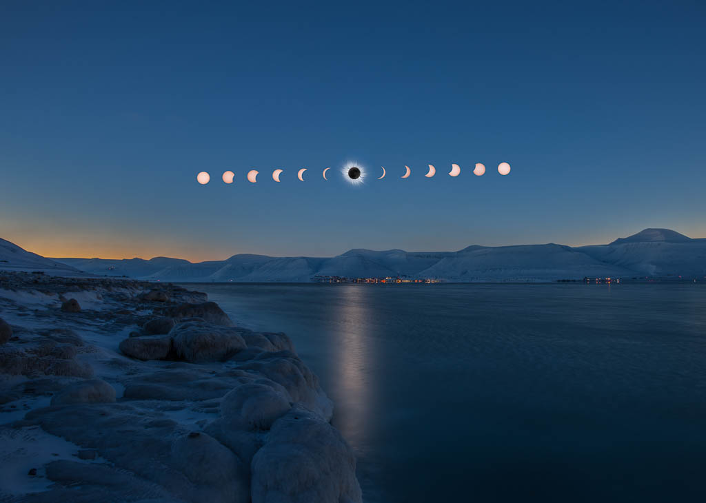 This image of a solar eclipse on Svalbard is combined by several picutres. The images of the sun were shot with a 500 mm lens and the main image with 24 mm. An experience creating great expectations before taking place. (Photo: Tommy Dahl Markussen)