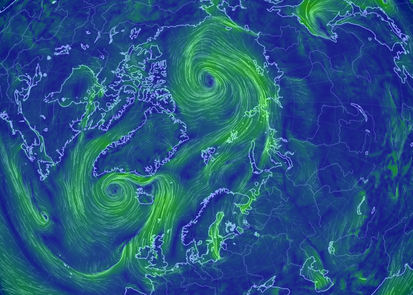 Caption: Strong Cyclone (upper center of image) developing in the central Arctic Ocean on August 16th. Source/Author: Cameron Beccario