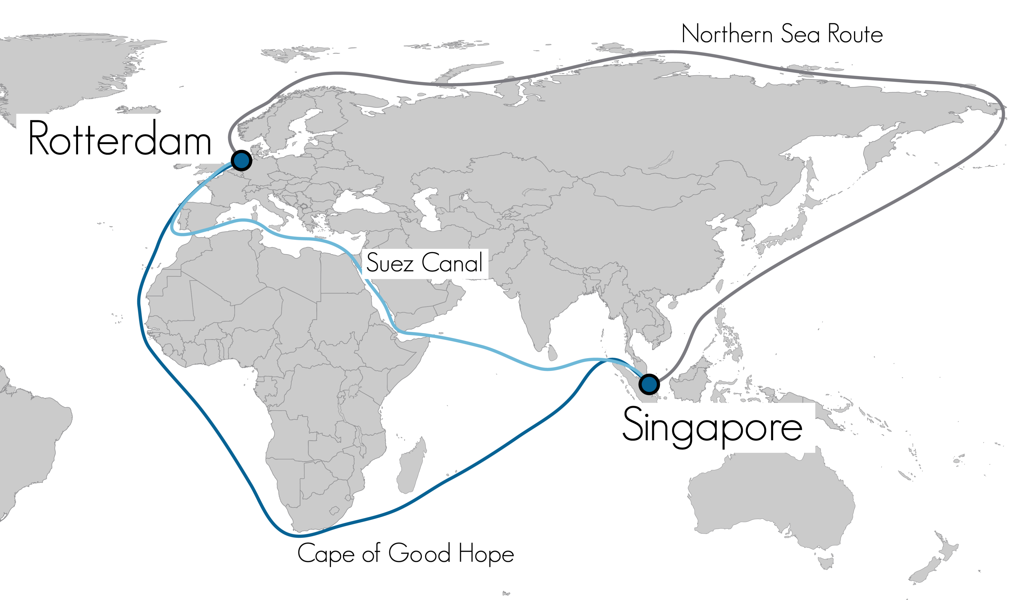 Comparison of three shipping routes: Suez Canal, Cape of Good Hope and Northern Sea Route. (Map: Malte Humpert)