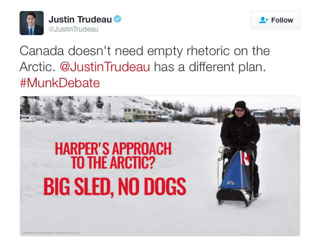 Trudeau criticizes Harper’s Arctic policy on Twitter, calling his approach “Big sled, no dogs.” (Source: Twitter screenshot)