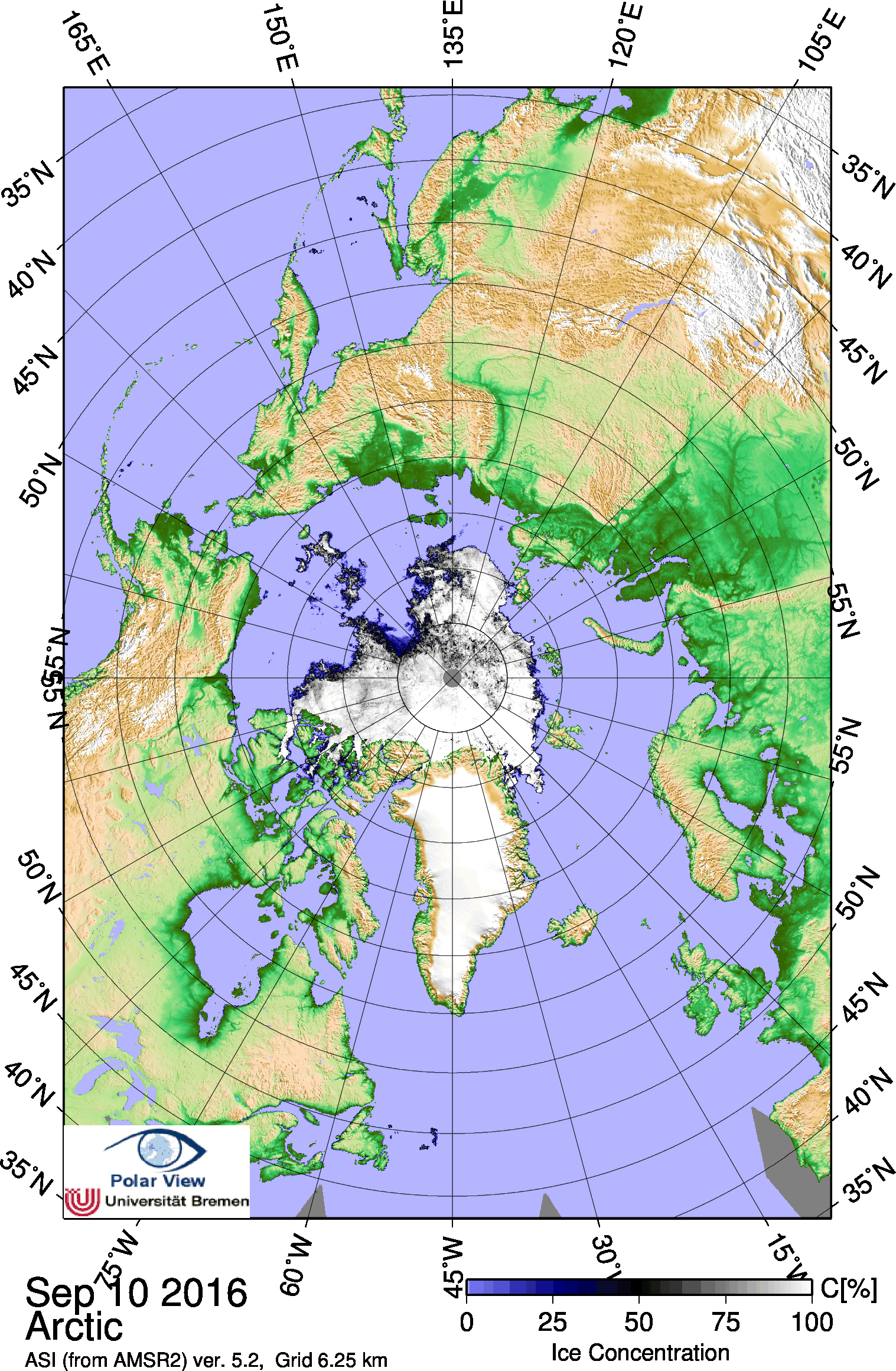 Caption: 2016 Minimum Ice Extent on September 10th. Both the Northwest Passage and the Northern Sea Route are largely free of ice. Source: Spreen, G., L. Kaleschke, and G.Heygster(2008), Sea ice remote sensing using AMSR-E 89 GHz channels J. Geophys. Res.,vol. 113, C02S03)