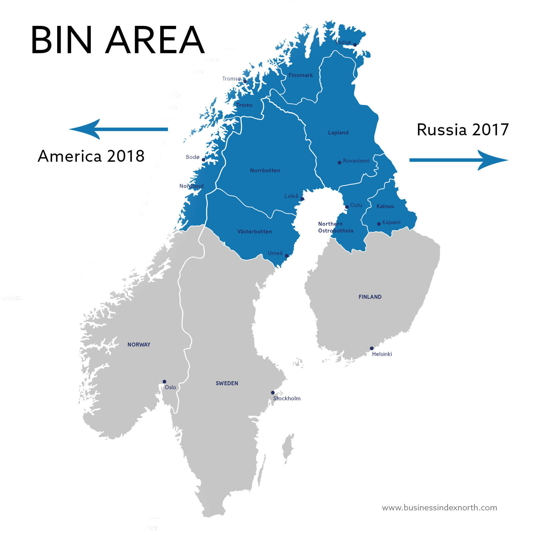 The BIN Area consist of the northernmost regions in Norway, Sweden and Finland. Next year, the northern parts of Russia will be included in the report, and in two years the North American High North will be included. (Ill.: BIN)