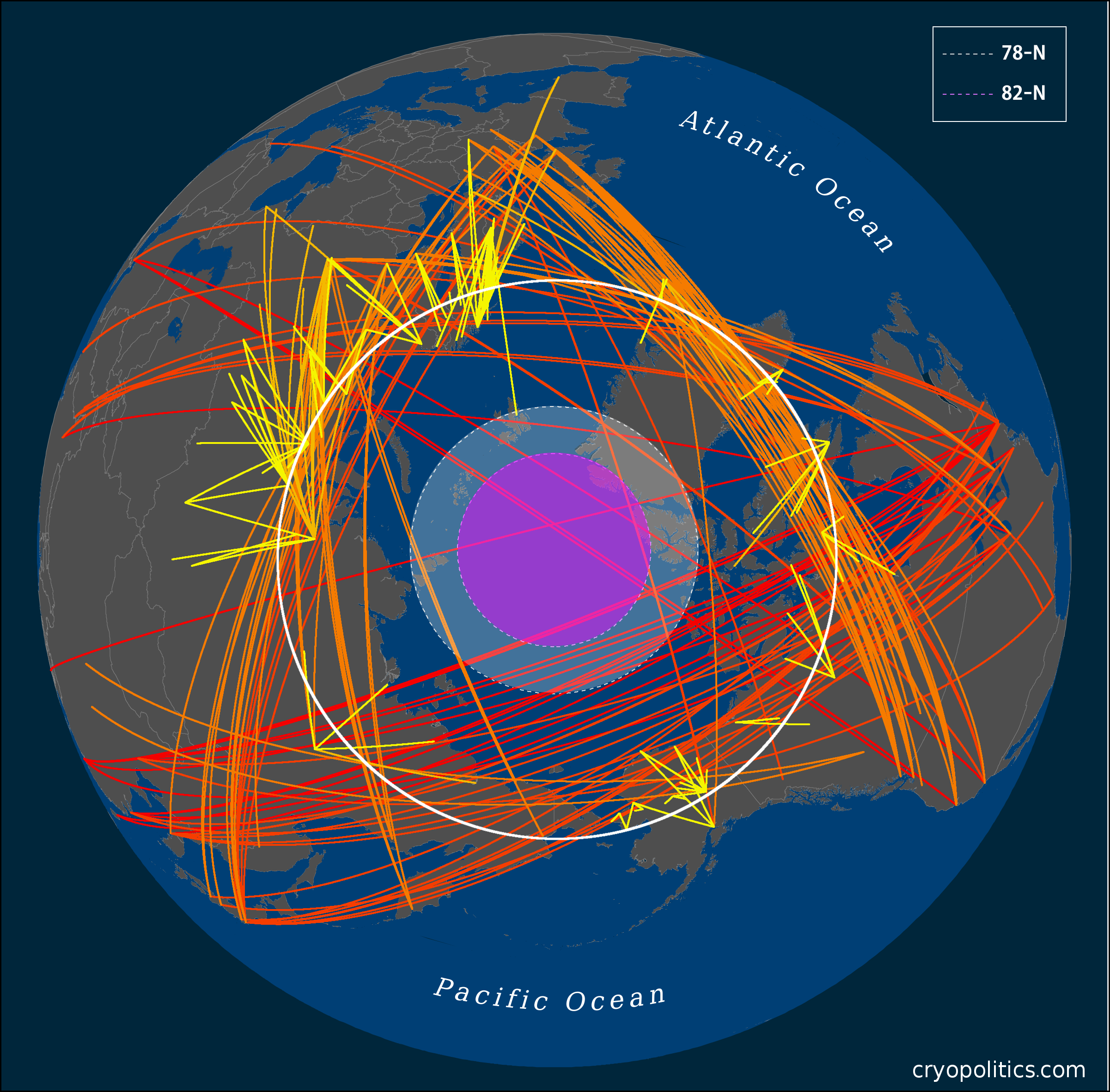 Arctic airspace is a transportation highway connecting North America, Europe and Asia. (Source: With kind permission from Mia Bennett at Cryopolitics.com)
