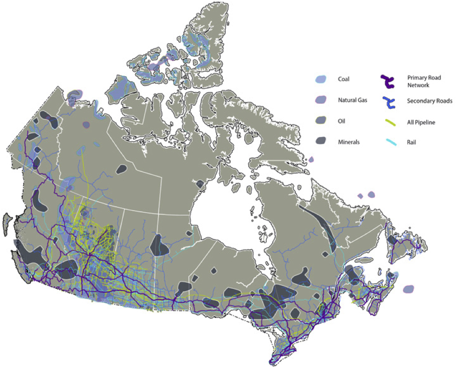 Extractable resources and current transportation infrastructure. (University of Calgary/Andrei Sulzenko and Kent Fellows)