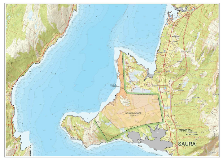 På Saura i Nordfjorden er det laget skisser for 1200-1500 dekar industriareal. Mot nord er et areal satt av til utskipningsterminal. Illustrasjon: Saura AS