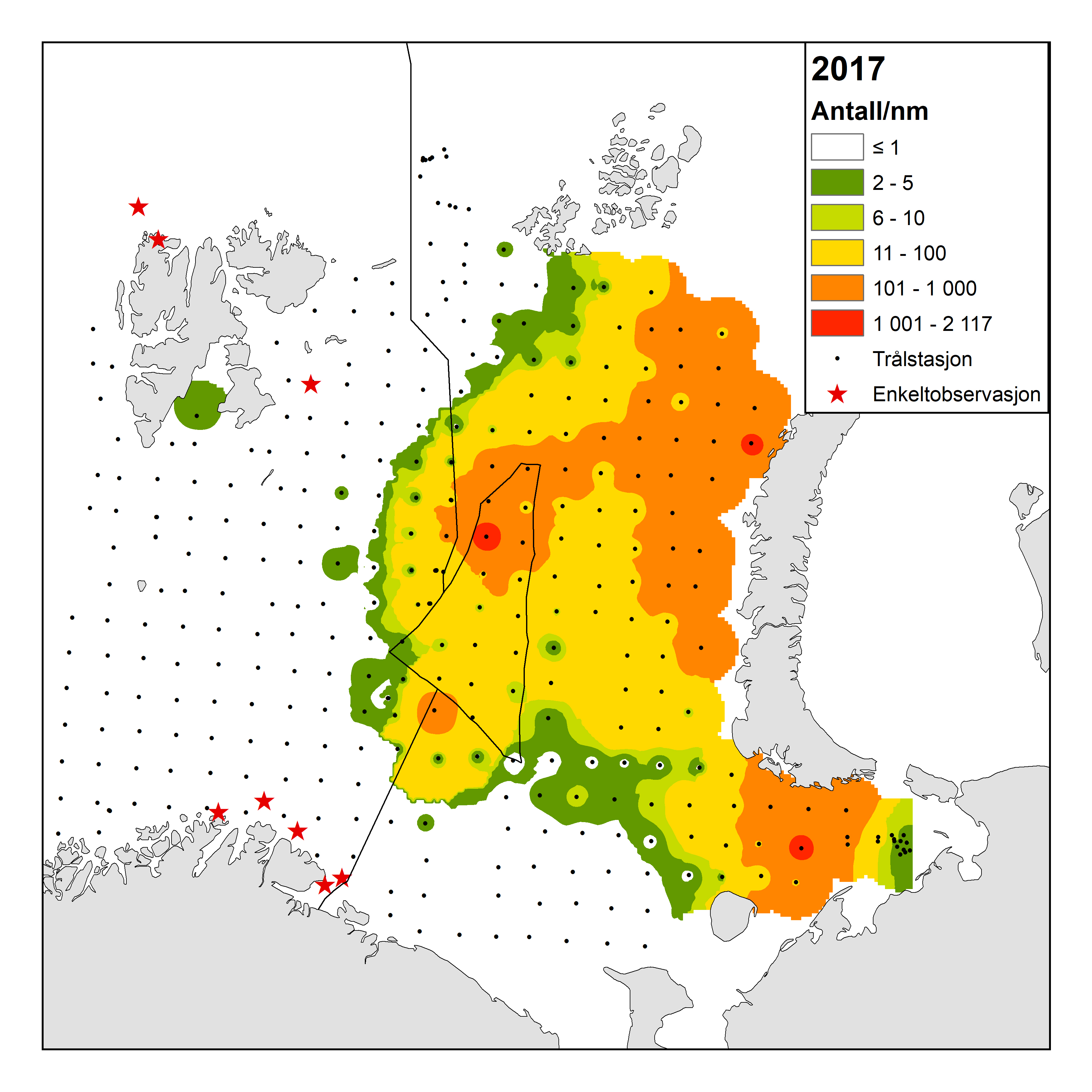 The snow crab has spread out since it was first observed in the Barents Sea in 1996. (Map: Courtesy of Havforskningsinstituttet / Pinro)